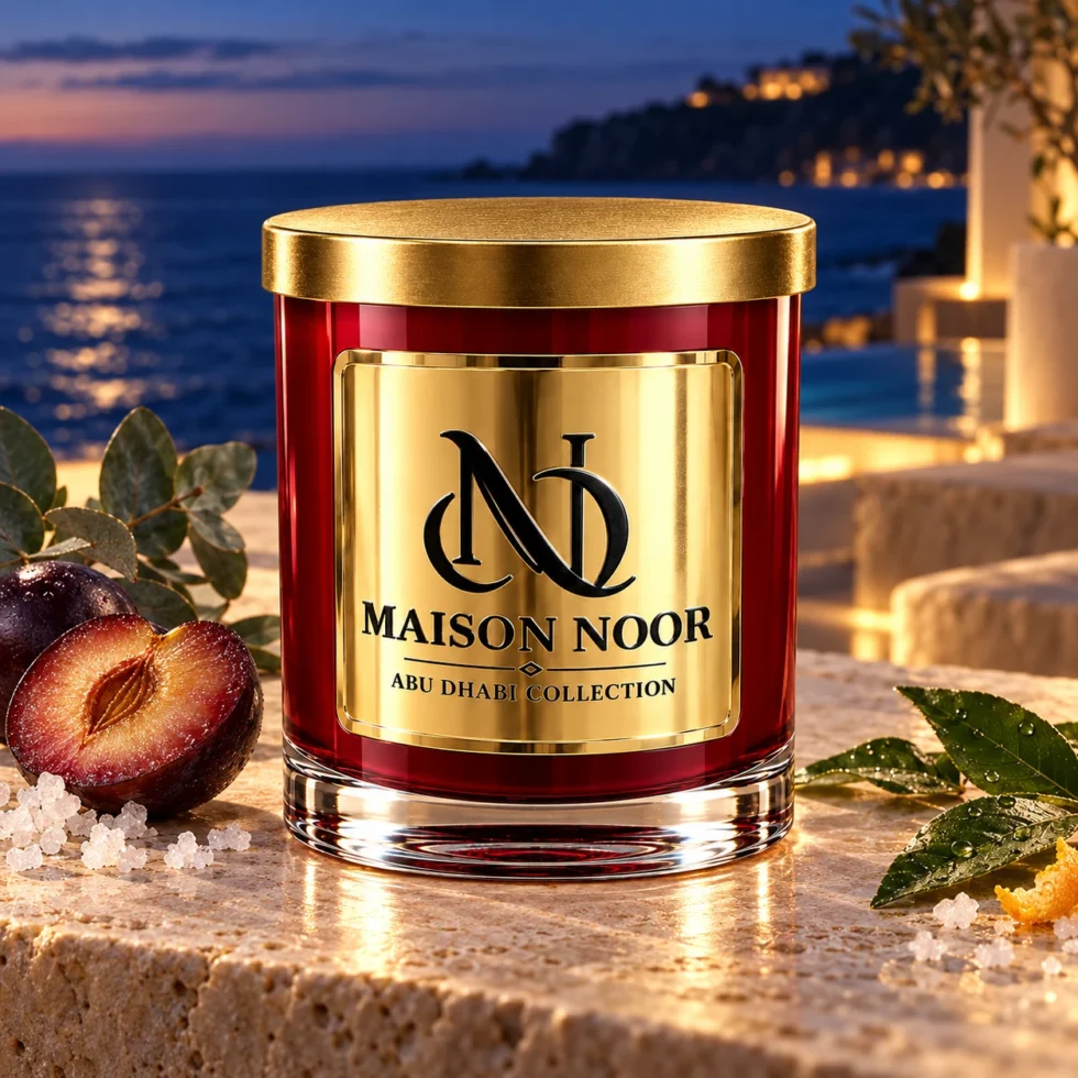 MAISON NOOR Black Sea red glass candle with gold lid, styled with plum, eucalyptus, citrus leaves and sea salt on an ivory terrace at blue hour.