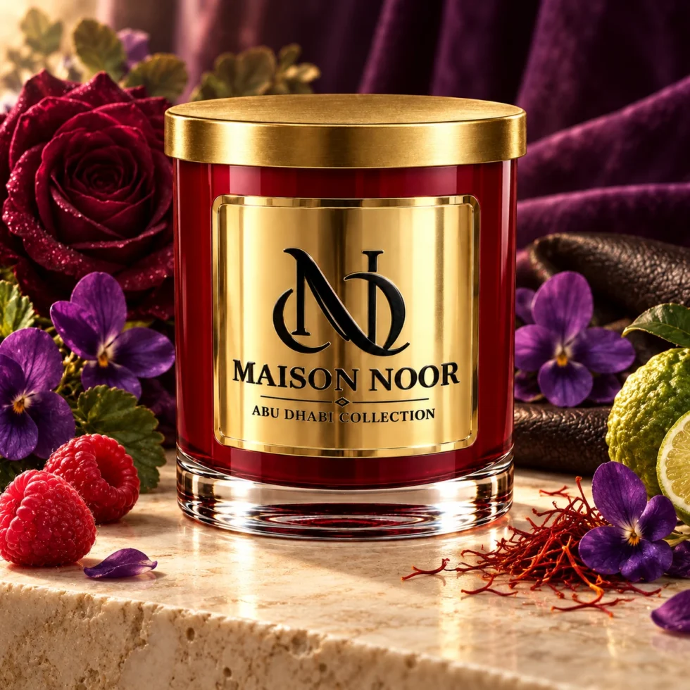 MAISON NOOR Black Violet and Saffron red glass candle with gold lid, styled with violets, dark rose, raspberries, bergamot, saffron and leather.