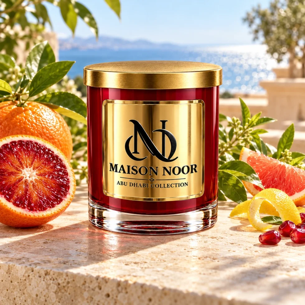 MAISON NOOR Blood Orange red glass candle with gold lid, styled with blood orange, grapefruit, lemon peel, pomegranate and citrus leaves on a sunlit terrace.