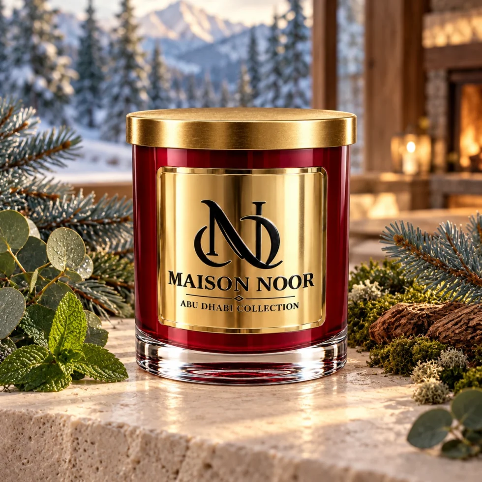MAISON NOOR Blue Spruce red glass candle with gold lid, styled with blue spruce, eucalyptus, mint, moss and cedar in a luxury alpine chalet.