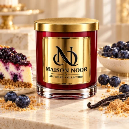MAISON NOOR Blueberry Cheesecake red glass candle with gold lid, styled with blueberry cheesecake, blueberries, graham cracker crumbs and vanilla on ivory stone.
