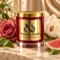 MAISON NOOR Bohemian Rose red glass candle with gold lid, styled with rose, magnolia, basil and grapefruit on ivory stone in a warm garden salon.