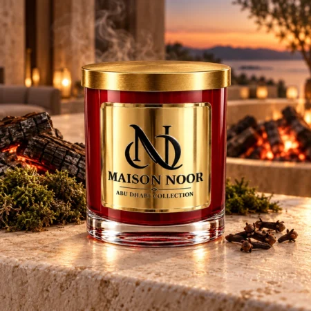 MAISON NOOR Bonfire Embers red glass candle with gold lid, styled with charred wood, moss and cloves on ivory stone beside a distant glowing fire at dusk.