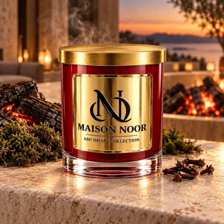 MAISON NOOR Bonfire Embers red glass candle with gold lid, styled with charred wood, moss and cloves on ivory stone beside a distant glowing fire at dusk.