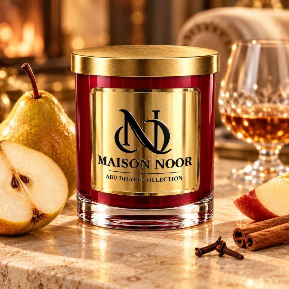 MAISON NOOR Brandied Pear red glass candle with gold lid, styled with pear, apple, cinnamon, cloves and a crystal brandy glass in a warm luxury lounge.