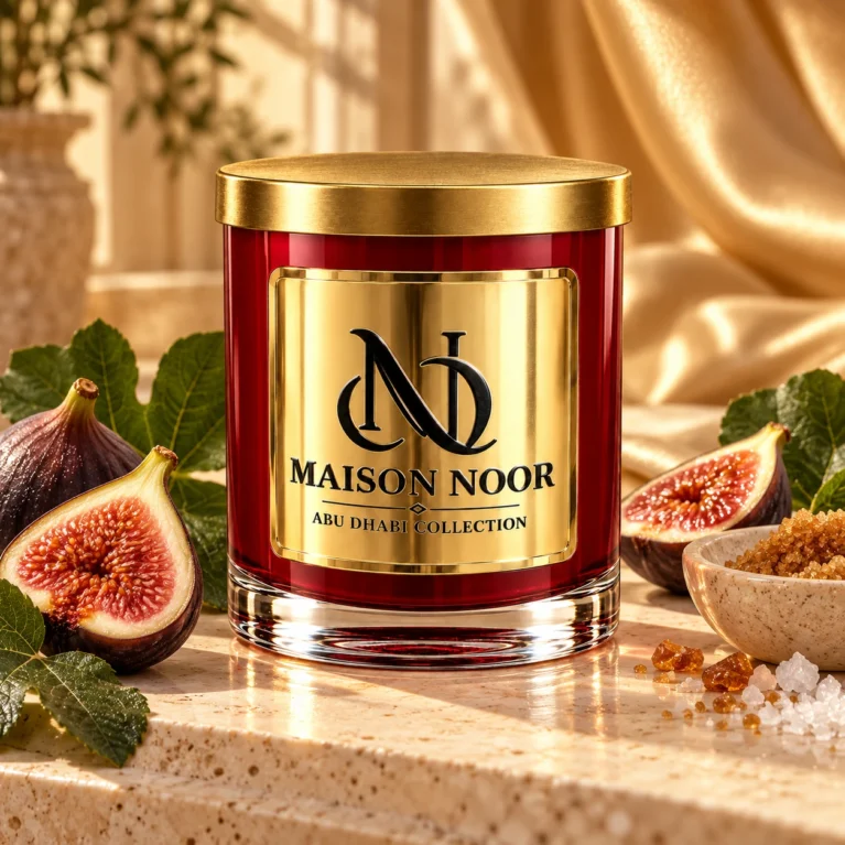 MAISON NOOR Brown Sugar and Fig red glass candle with gold lid, styled with ripe figs, fig leaves, brown sugar and sea salt on ivory stone.
