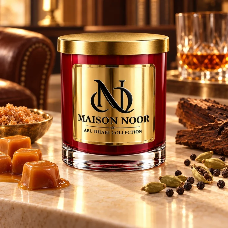 MAISON NOOR Butterscotch and Bourbon red glass candle with gold lid, styled with butterscotch, brown sugar, cardamom, peppercorns, oak and a bourbon glass.