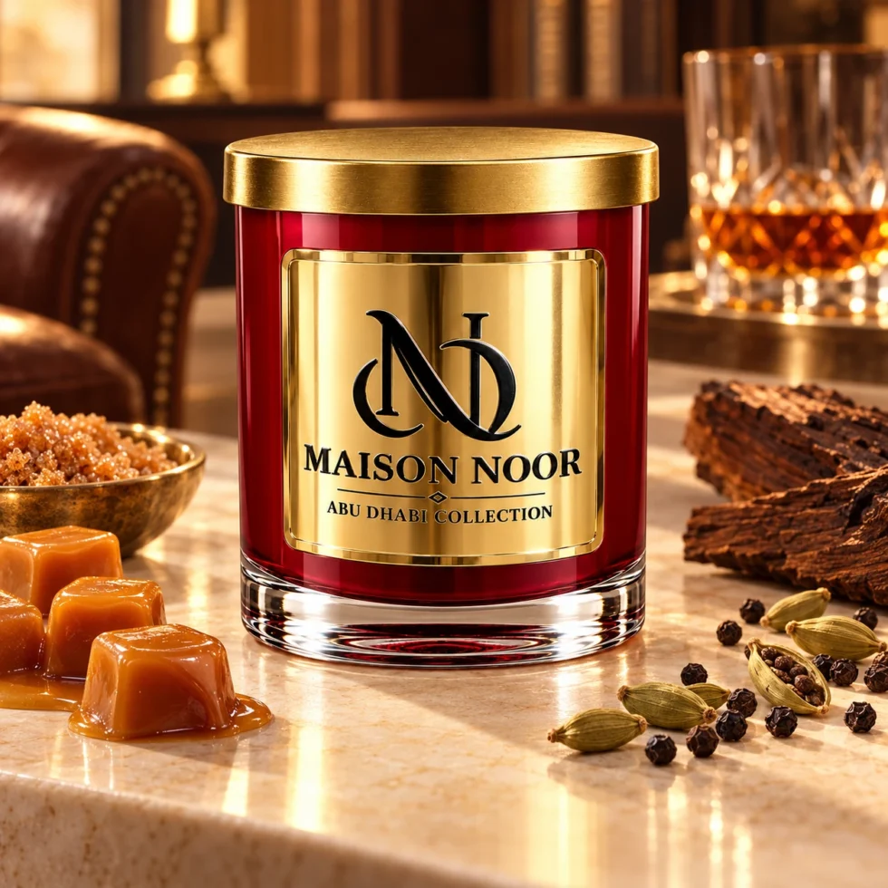 MAISON NOOR Butterscotch and Bourbon red glass candle with gold lid, styled with butterscotch, brown sugar, cardamom, peppercorns, oak and a bourbon glass.