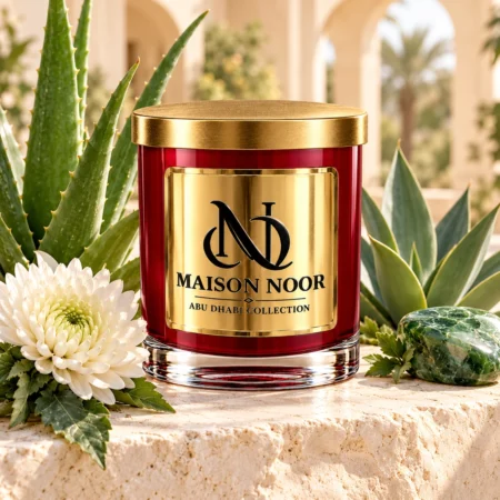 MAISON NOOR Cactus Flower and Jade red glass candle with gold lid, styled with aloe, agave, white chrysanthemum and jade-green stone in a desert spa.