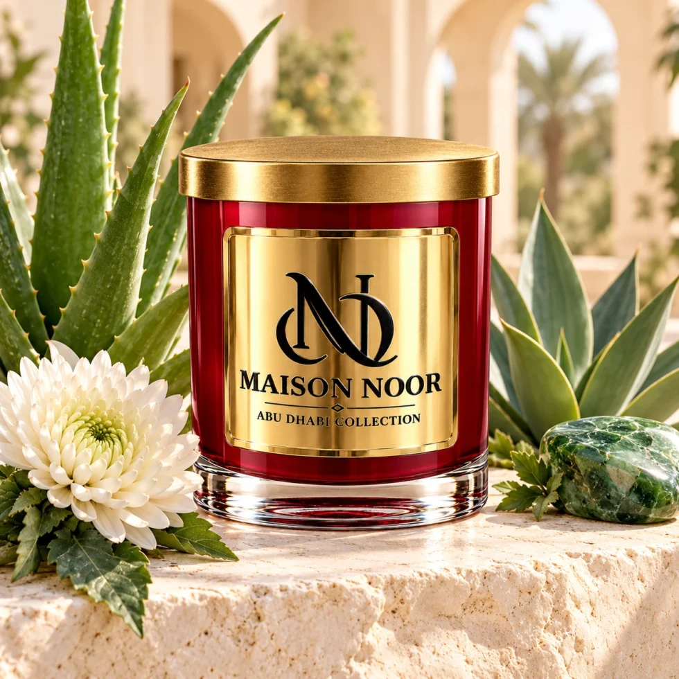 MAISON NOOR Cactus Flower and Jade red glass candle with gold lid, styled with aloe, agave, white chrysanthemum and jade-green stone in a desert spa.