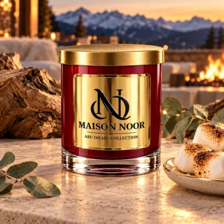 MAISON NOOR Campfire Marshmallow red glass candle with gold lid, styled with toasted marshmallows, eucalyptus and oak on a luxury lodge terrace at dusk.