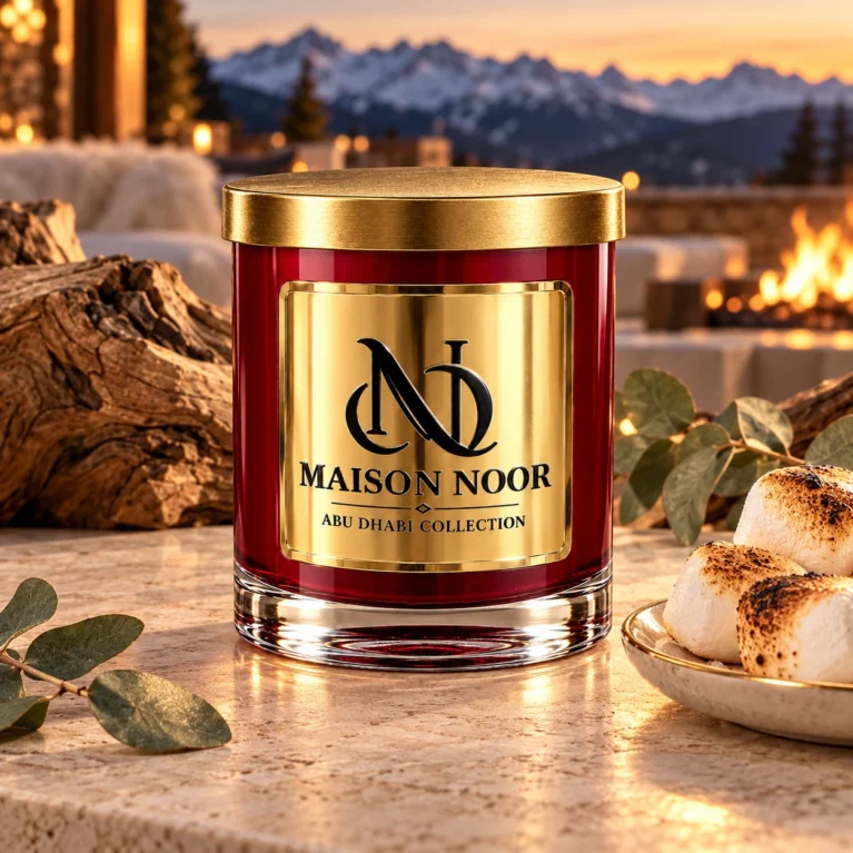 MAISON NOOR Campfire Marshmallow red glass candle with gold lid, styled with toasted marshmallows, eucalyptus and oak on a luxury lodge terrace at dusk.