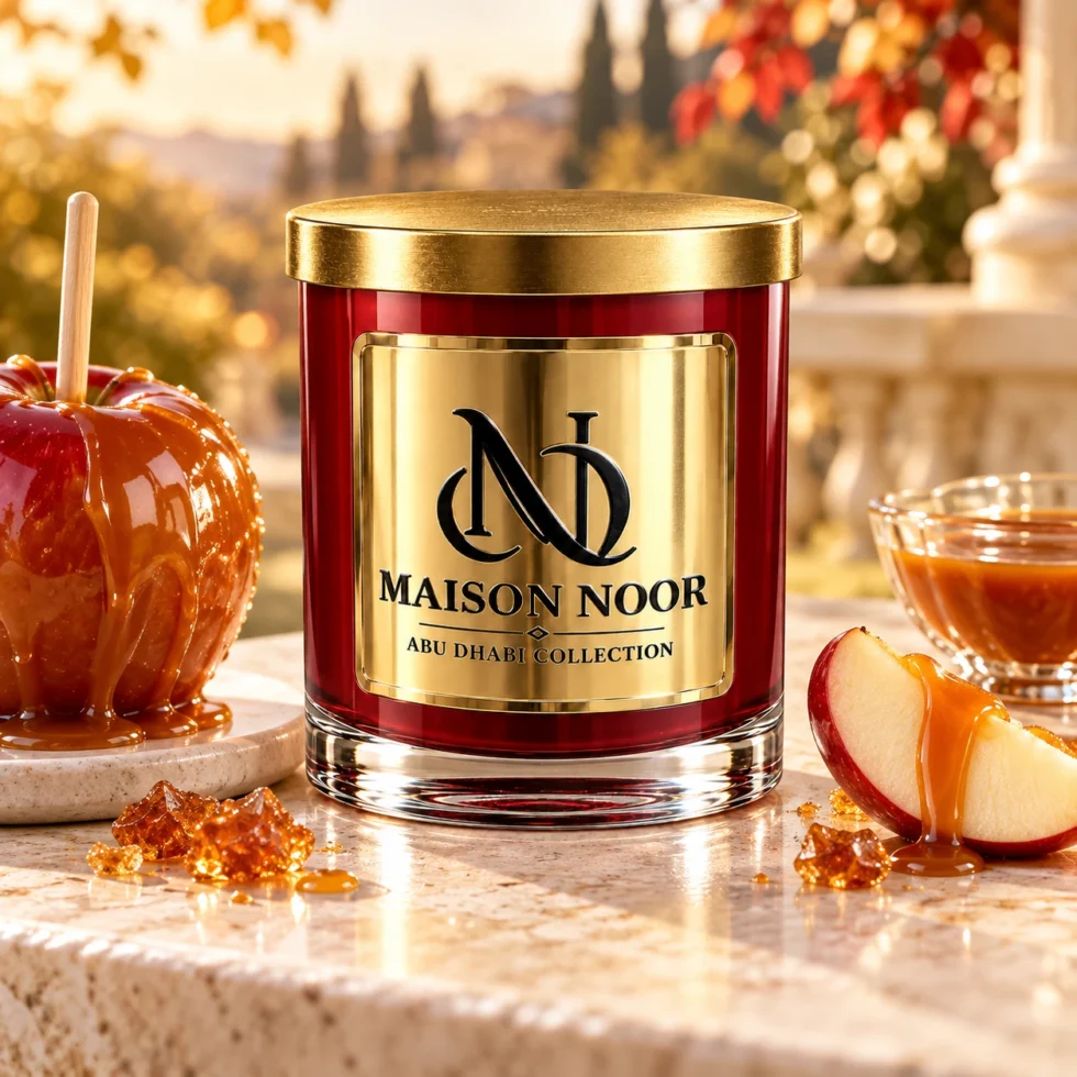 MAISON NOOR Caramel Apple red glass candle with gold lid, styled with a caramel apple, fresh apple slices, caramel and caramelized sugar on ivory stone.