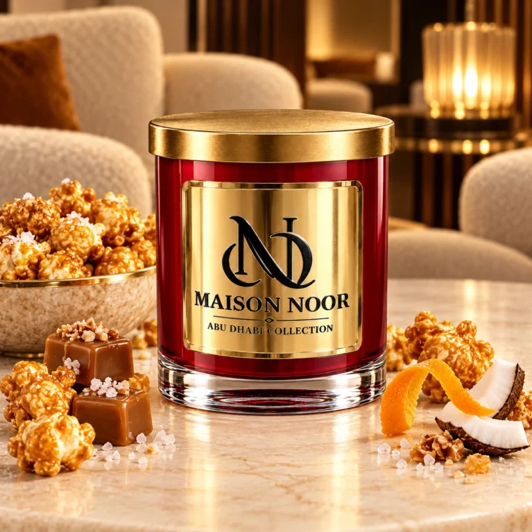 MAISON NOOR Caramel Popcorn red glass candle with gold lid, styled with caramel popcorn, praline, sea salt, orange peel and coconut in a luxury lounge.