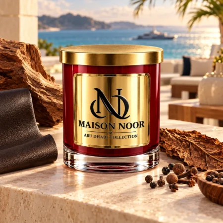 MAISON NOOR Caribbean Teakwood red glass candle with gold lid, styled with teakwood, leather, tobacco leaf, cloves and peppercorns on a Caribbean terrace.