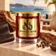 MAISON NOOR Caribbean Teakwood red glass candle with gold lid, styled with teakwood, leather, tobacco leaf, cloves and peppercorns on a Caribbean terrace.