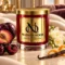 MAISON NOOR Cashmere Plum red glass candle with gold lid, styled with plum, black cherry, freesia, citrus peel and vanilla against cream cashmere.