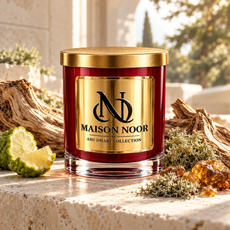 MAISON NOOR Cedarwood Blanc red glass candle with gold lid, styled with pale cedarwood, oakmoss, bergamot and amber resin on ivory stone.