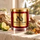 MAISON NOOR Cedarwood Blanc red glass candle with gold lid, styled with pale cedarwood, oakmoss, bergamot and amber resin on ivory stone.