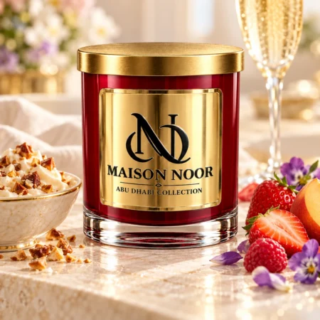 MAISON NOOR Cereal Milk Swirl red glass candle with gold lid, styled with cream and praline, strawberries, raspberries, peach, violets and champagne.