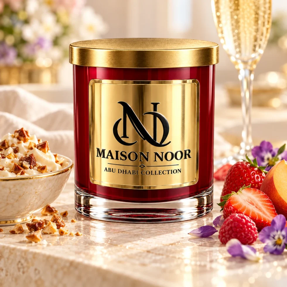 MAISON NOOR Cereal Milk Swirl red glass candle with gold lid, styled with cream and praline, strawberries, raspberries, peach, violets and champagne.