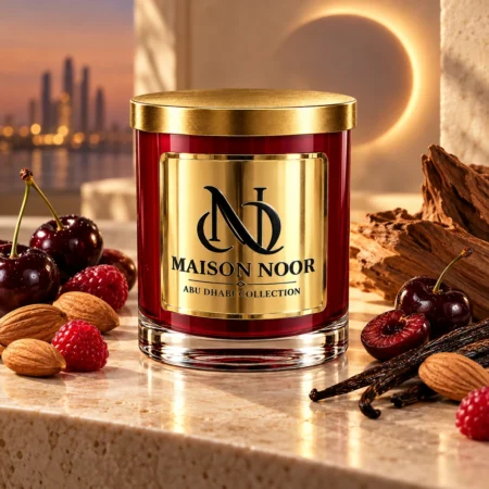 MAISON NOOR Cherry Eclipse red glass candle with gold lid, styled with black cherries, almonds, raspberries, vanilla and wood against warm eclipse-like lighting.