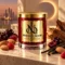 MAISON NOOR Cherry Eclipse red glass candle with gold lid, styled with black cherries, almonds, raspberries, vanilla and wood against warm eclipse-like lighting.