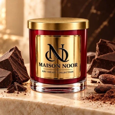 MAISON NOOR Chocolate Element red glass candle with gold lid, styled with dark chocolate shards, cacao beans and cocoa on ivory limestone.