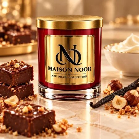 MAISON NOOR Chocolate Fudge red glass candle with gold lid, styled with chocolate fudge, hazelnuts, praline, vanilla and cream on ivory stone.