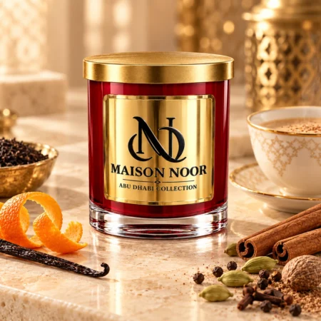 MAISON NOOR Cinnamon Chai red glass candle with gold lid, styled with creamy chai, cinnamon, cardamom, orange peel, nutmeg, cloves, peppercorns and vanilla.
