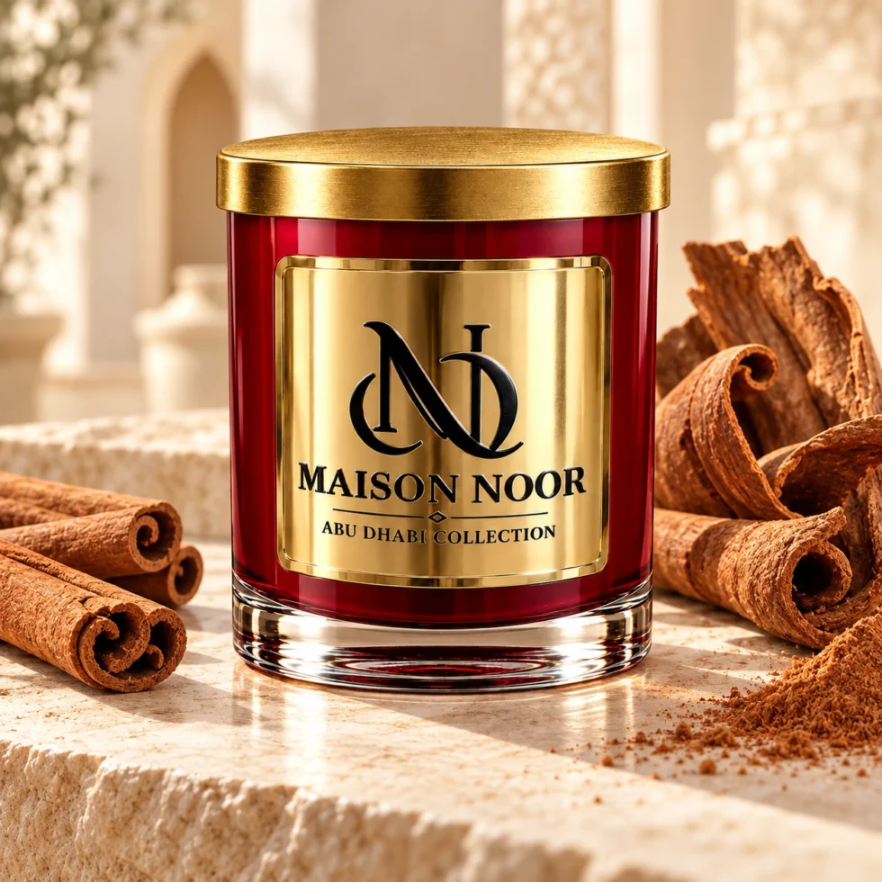 MAISON NOOR Cinnamon Element red glass candle with gold lid, styled with cinnamon sticks, bark curls and ground cinnamon on ivory stone.
