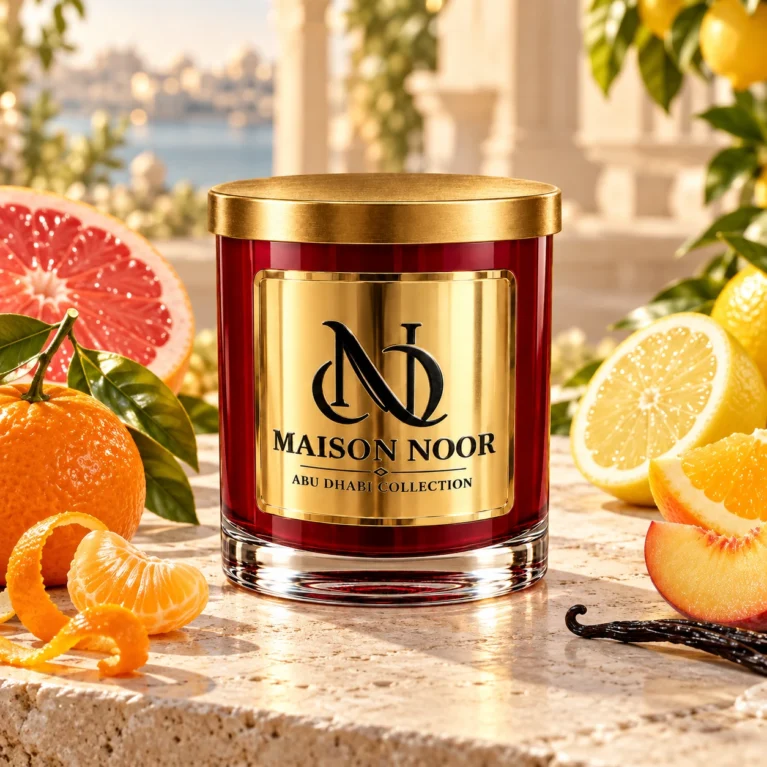 MAISON NOOR Citron and Mandarin red glass candle with gold lid, styled with mandarin, grapefruit, lemon, orange, peach and vanilla on a sunlit terrace.