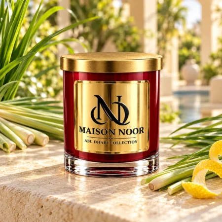 MAISON NOOR Citronella red glass candle with gold lid, styled with citronella grass, lemongrass and lemon peel on ivory stone in a tropical garden spa.