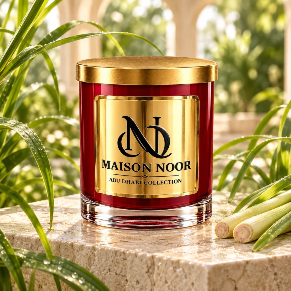 MAISON NOOR Citronella Element red glass candle with gold lid, styled with dewy citronella grass and stalks on ivory limestone in a tropical conservatory.