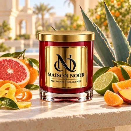 MAISON NOOR Citrus Agave red glass candle with gold lid, styled with agave leaves, grapefruit, mandarin, lime, orange peel and peach on a sunlit terrace.