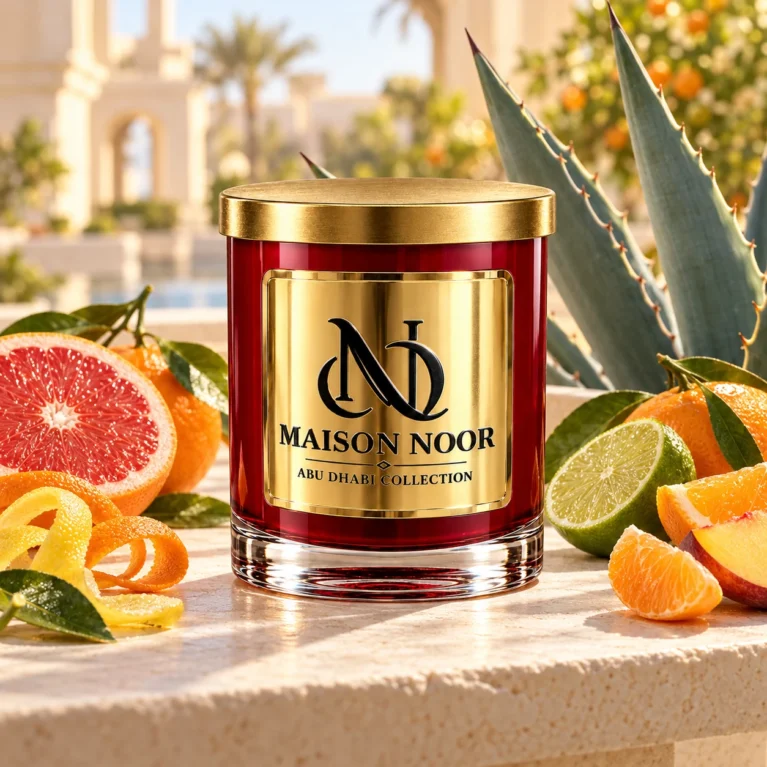 MAISON NOOR Citrus Agave red glass candle with gold lid, styled with agave leaves, grapefruit, mandarin, lime, orange peel and peach on a sunlit terrace.