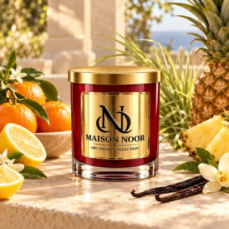 MAISON NOOR Citrus Sunshine red glass candle with gold lid, styled with mandarin, lemon, pineapple, grasses and vanilla on a sunlit terrace.