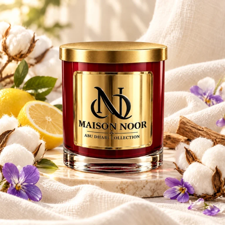 MAISON NOOR Clean Cotton candle in red glass with gold lid, styled with cotton blossoms, linen, lemon and violets.