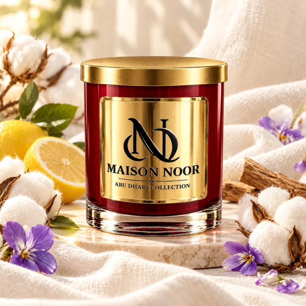 MAISON NOOR Clean Cotton candle in red glass with gold lid, styled with cotton blossoms, linen, lemon and violets.