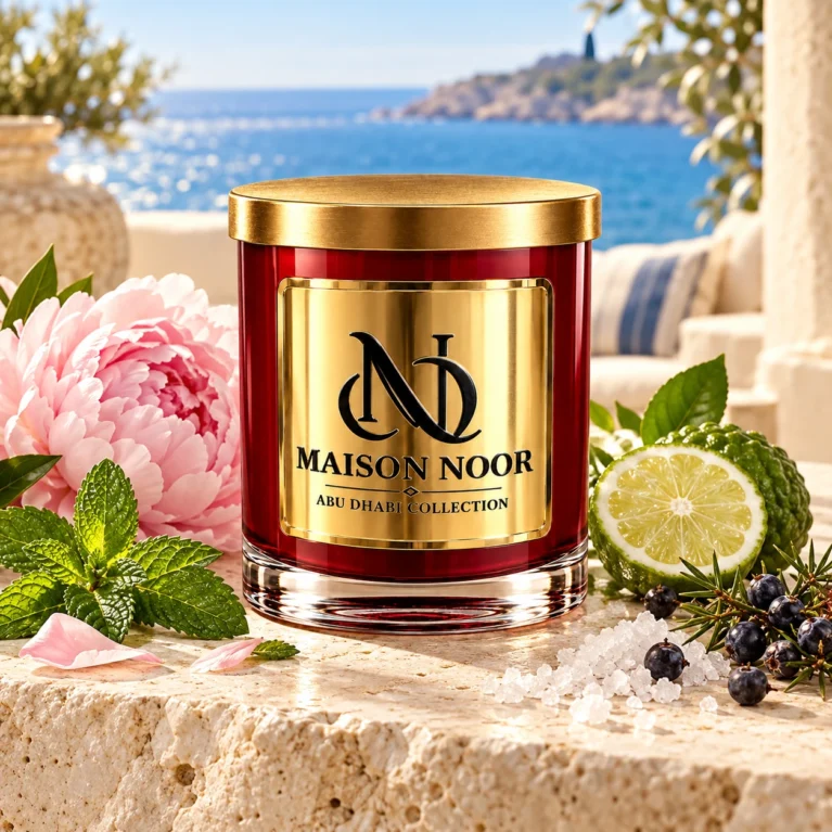 MAISON NOOR Coastal Cottage candle in red glass with gold lid, styled with peony, mint, bergamot, sea salt and juniper beside the sea.