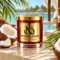 MAISON NOOR Coconut Element candle in red glass with gold lid, styled with coconut and palm leaves beside a tropical lagoon.