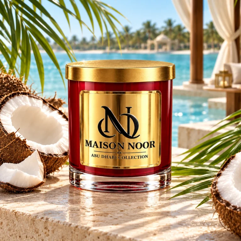 MAISON NOOR Coconut Element candle in red glass with gold lid, styled with coconut and palm leaves beside a tropical lagoon.