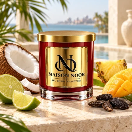 MAISON NOOR Coconut Lime red glass candle with gold lid, styled with coconut, lime, mango, pineapple and tonka beans on a tropical terrace.
