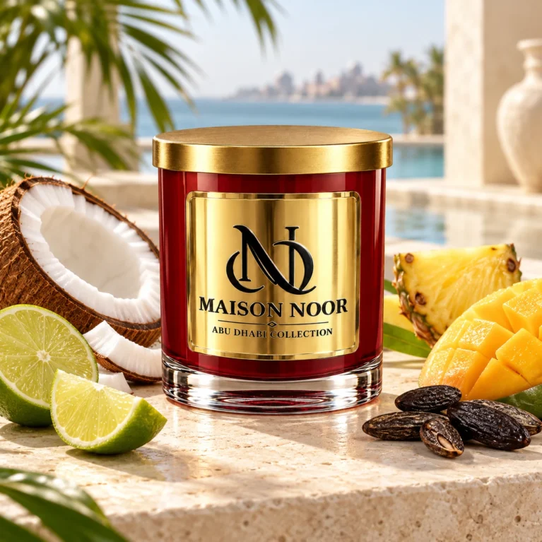 MAISON NOOR Coconut Lime red glass candle with gold lid, styled with coconut, lime, mango, pineapple and tonka beans on a tropical terrace.