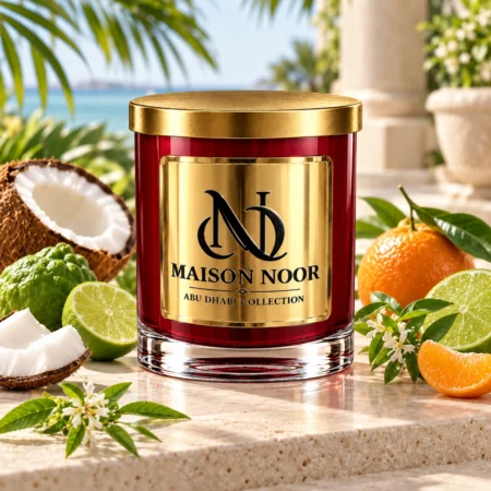 MAISON NOOR Coconut Lime Verbena red glass candle with gold lid, styled with coconut, lime, bergamot, tangerine and lemon verbena on a tropical terrace.