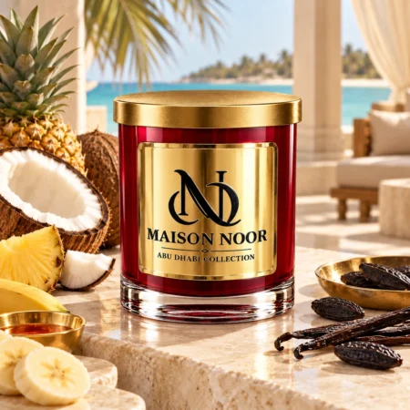 MAISON NOOR Coconut Soleil red glass candle with gold lid, styled with coconut, pineapple, banana, vanilla and tonka beans beside a tropical lagoon.