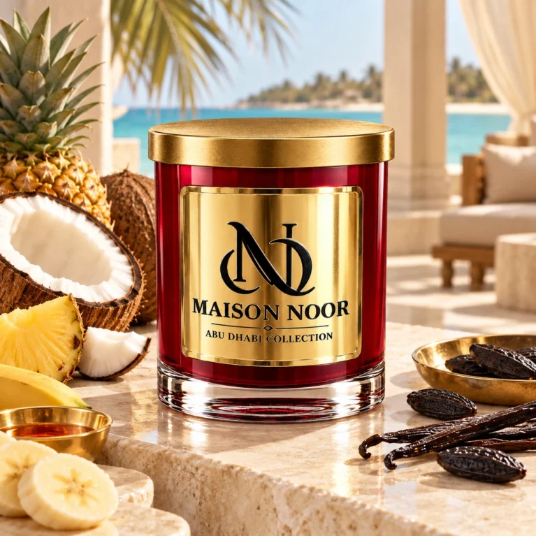MAISON NOOR Coconut Soleil red glass candle with gold lid, styled with coconut, pineapple, banana, vanilla and tonka beans beside a tropical lagoon.