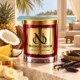 MAISON NOOR Coconut Soleil red glass candle with gold lid, styled with coconut, pineapple, banana, vanilla and tonka beans beside a tropical lagoon.