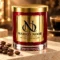 Ruby red MAISON NOOR candle with gold lid and label on ivory stone beside roasted coffee beans.