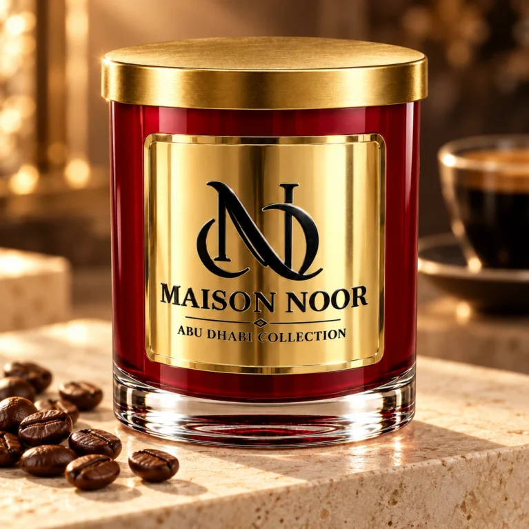Ruby red MAISON NOOR candle with gold lid and label on ivory stone beside roasted coffee beans.